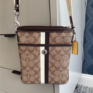 COACH Signature Stripe Crossbody Bag - Brown/Tan Canvas - Travel Classic